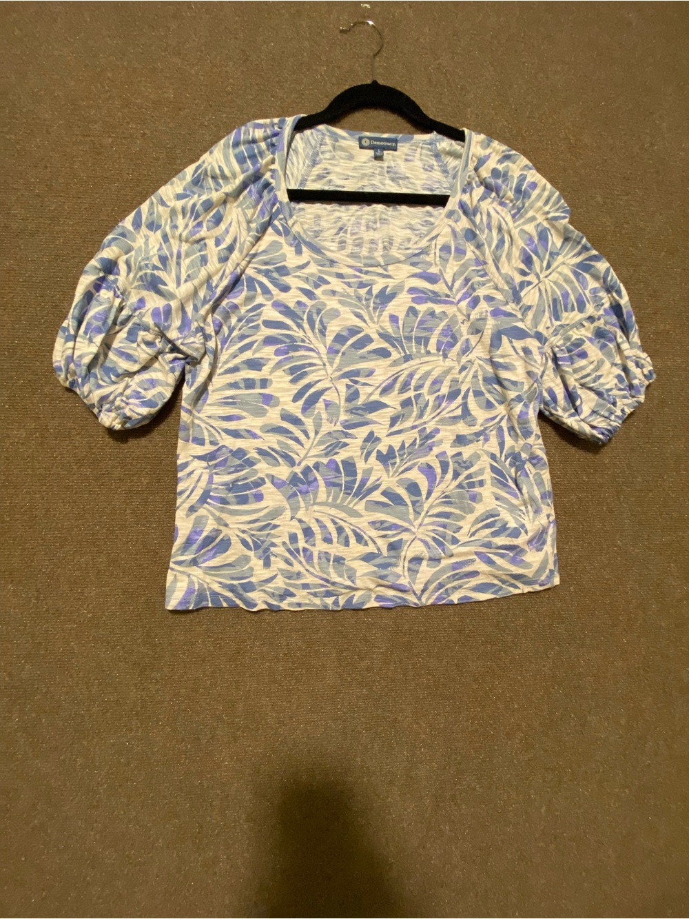 Democracy Tropical Palm Print Puff Sleeve Knit Top Blue Large